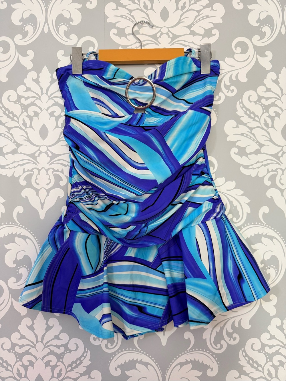 • Bikini Bay Blue Swirl Retro One-Piece Halter Swimdress with Ring Detail